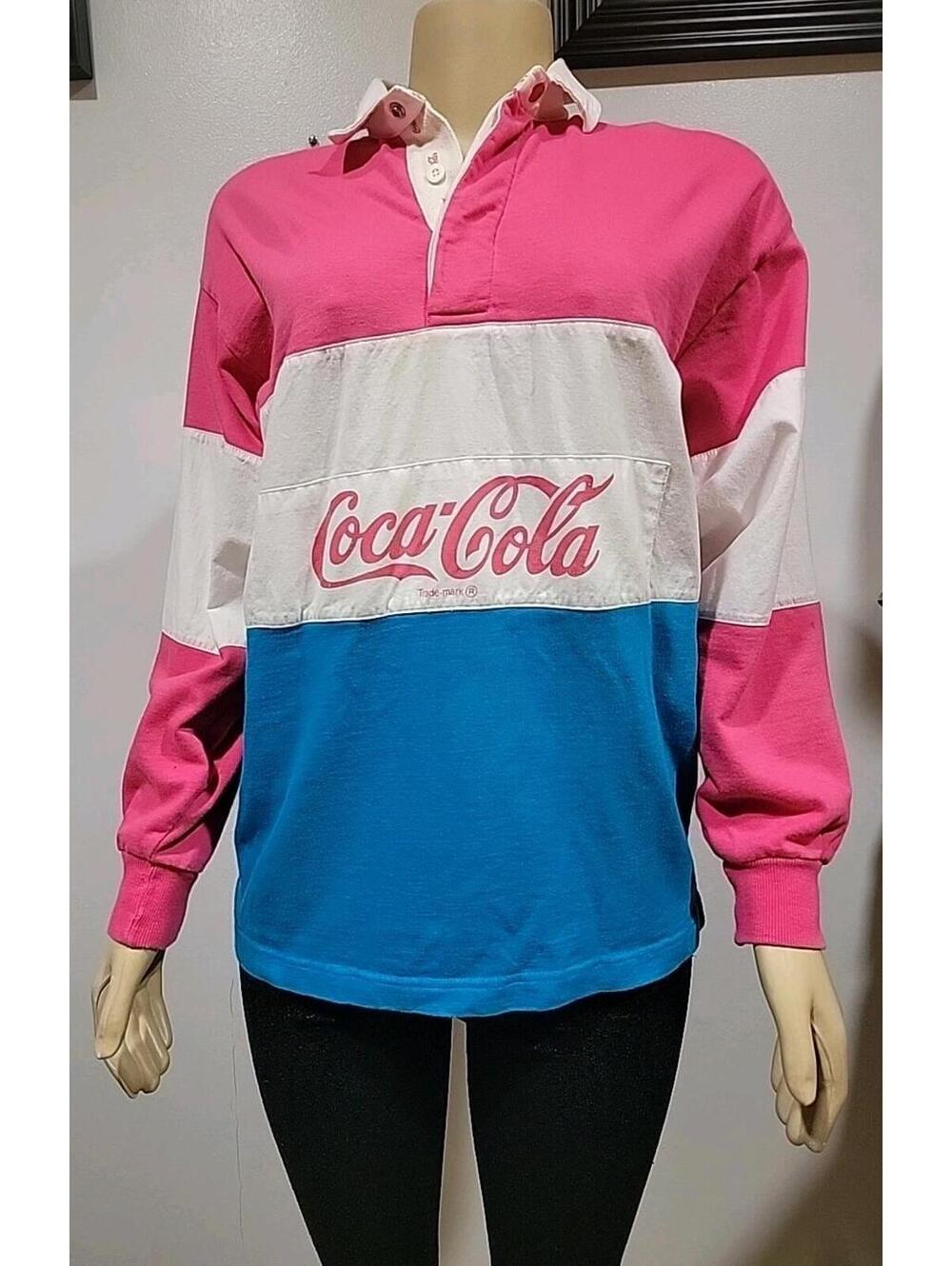 VTG 80s Coca Cola Rugby Shirt pink monoblock Size L Women's LS #C - Picture 7 of 12